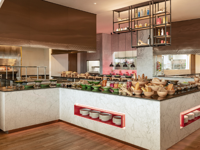 Ramadan Iftar buffet at Creek Kitchen with live stations and Creek views at Marriott Marquis Dubai Creek